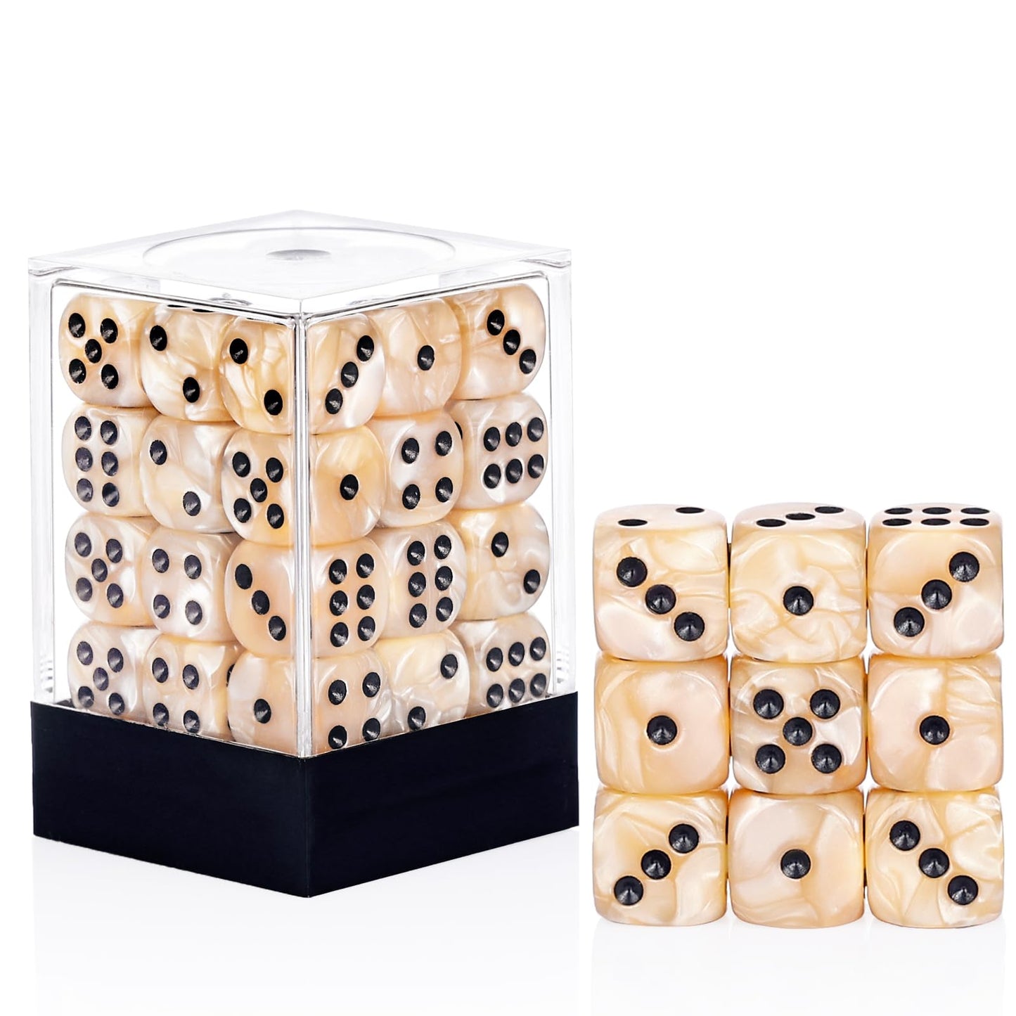 PECHOI 36-Piece Pearl Pattern D6 Dice Set – 12mm Mini Dice with Portable Beige Box