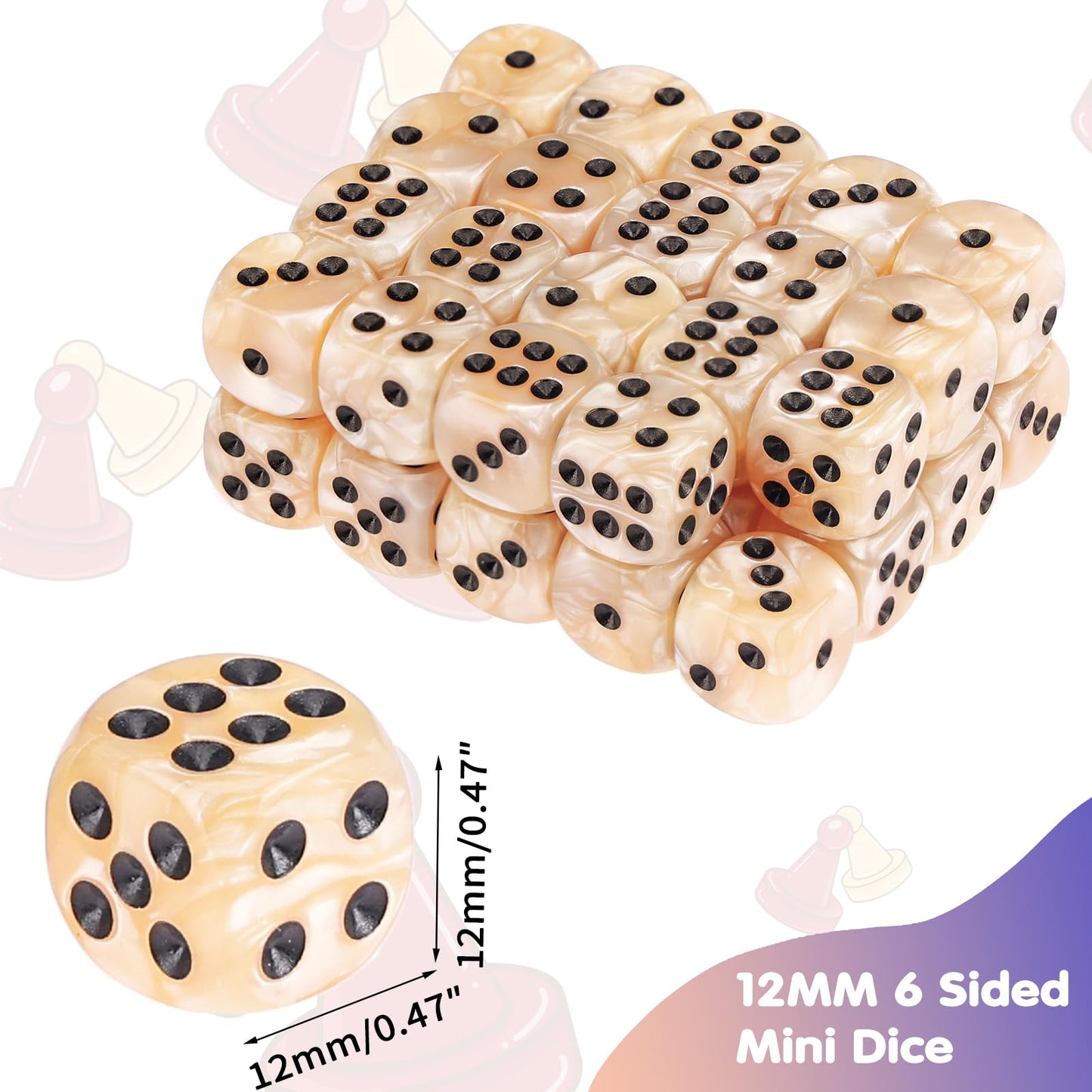 PECHOI 36-Piece Pearl Pattern D6 Dice Set – 12mm Mini Dice with Portable Beige Box