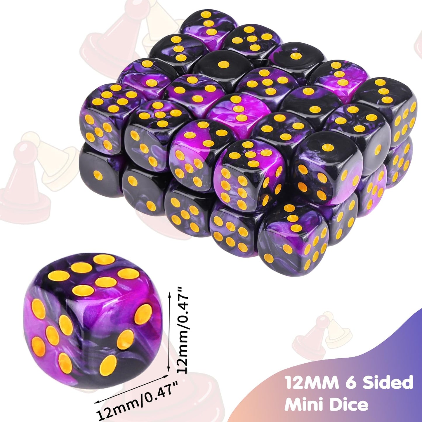 PECHOI 36-Piece 12mm 6-Sided Dice Set, Purple & Black, Portable Box – Board Games & Classroom Use