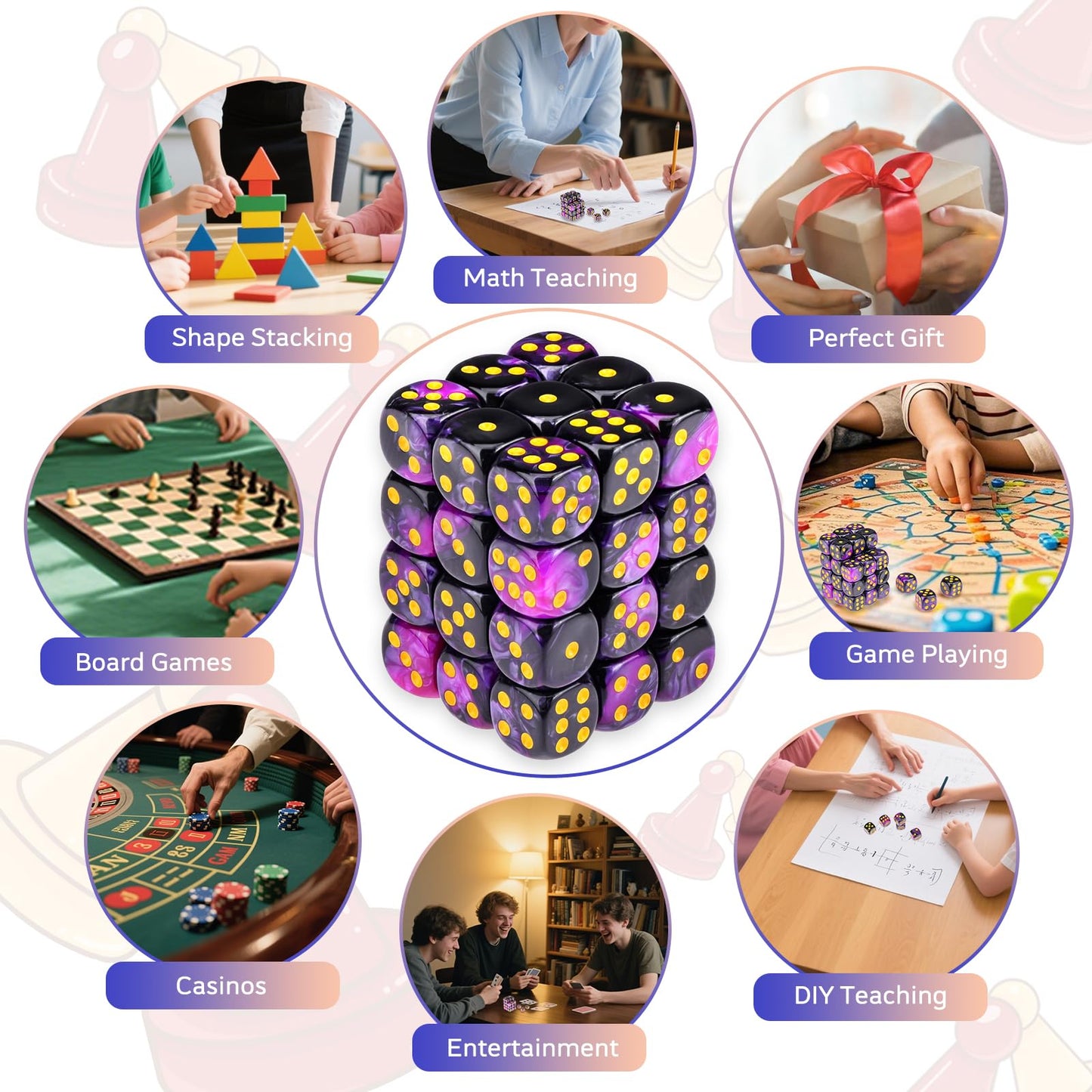 PECHOI 36-Piece 12mm 6-Sided Dice Set, Purple & Black, Portable Box – Board Games & Classroom Use