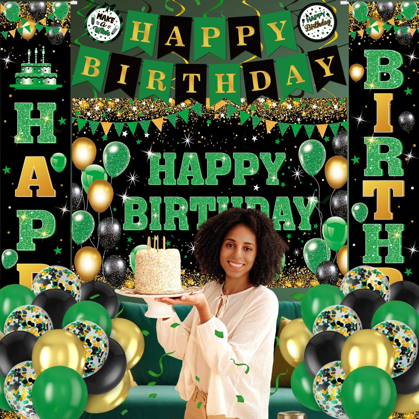 Peconal 48Pcs Green Black Gold Birthday Decorations – Banner, Backdrop, Balloons & Swirls