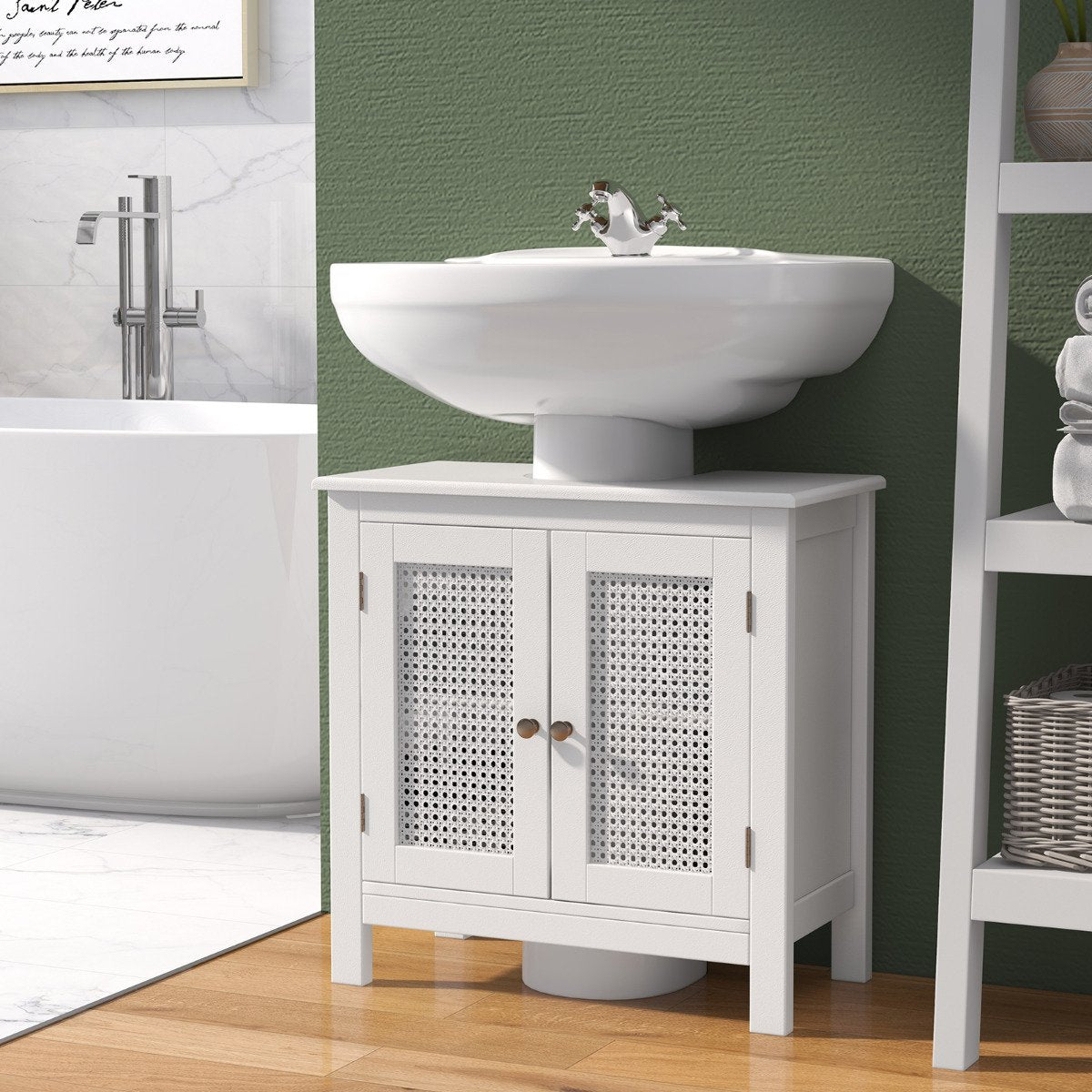 Pedestal Sink Storage Cabinet with 2 Rattan Doors-White