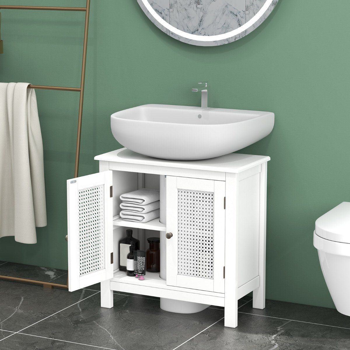 Pedestal Sink Storage Cabinet with 2 Rattan Doors-White