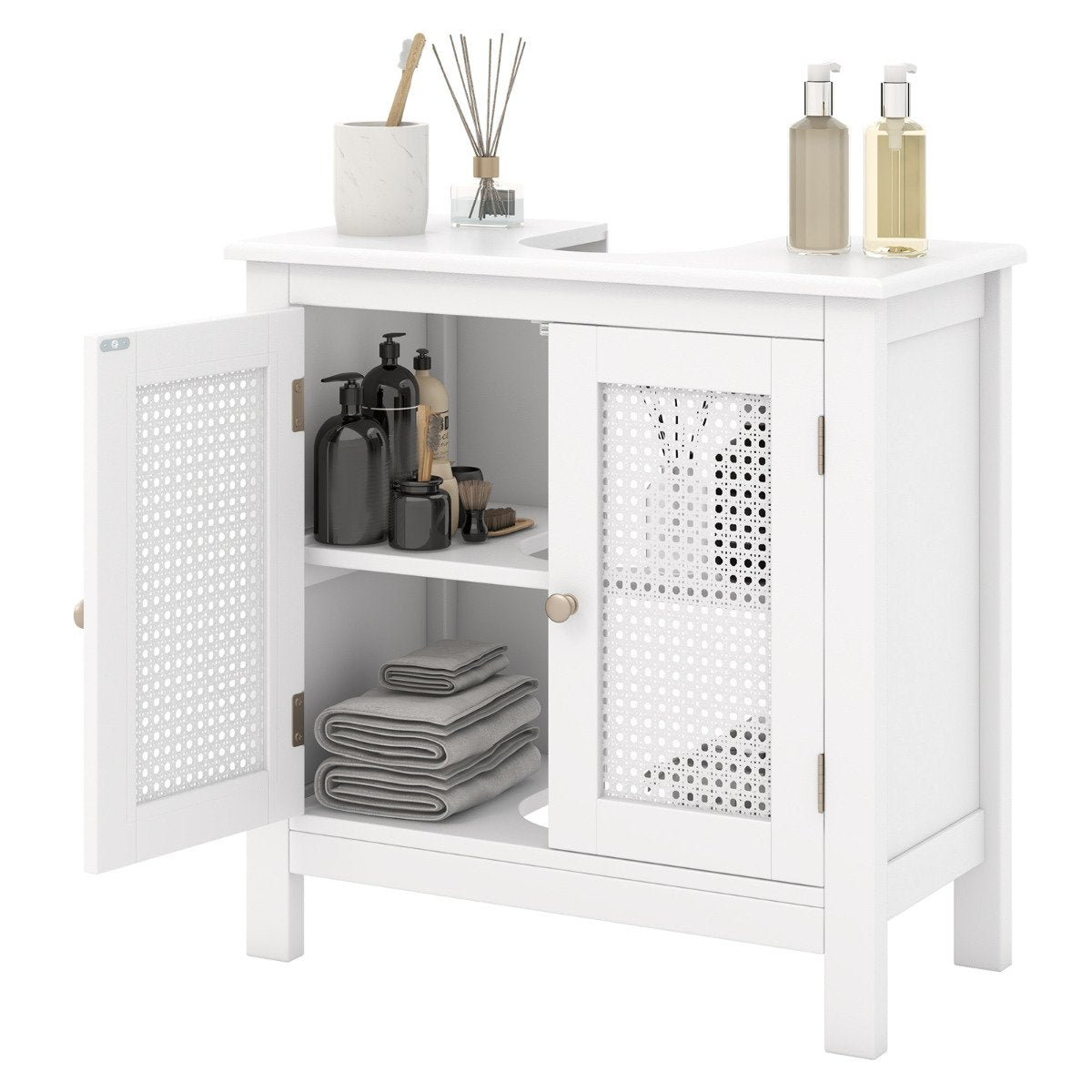 Pedestal Sink Storage Cabinet with 2 Rattan Doors-White