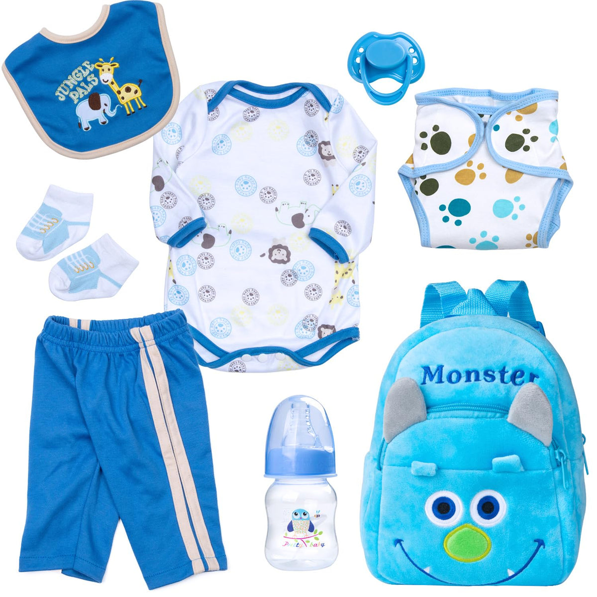 Pedolltree 8-Piece Reborn Doll Outfit with Blue Monster Backpack for 18-22in Dolls