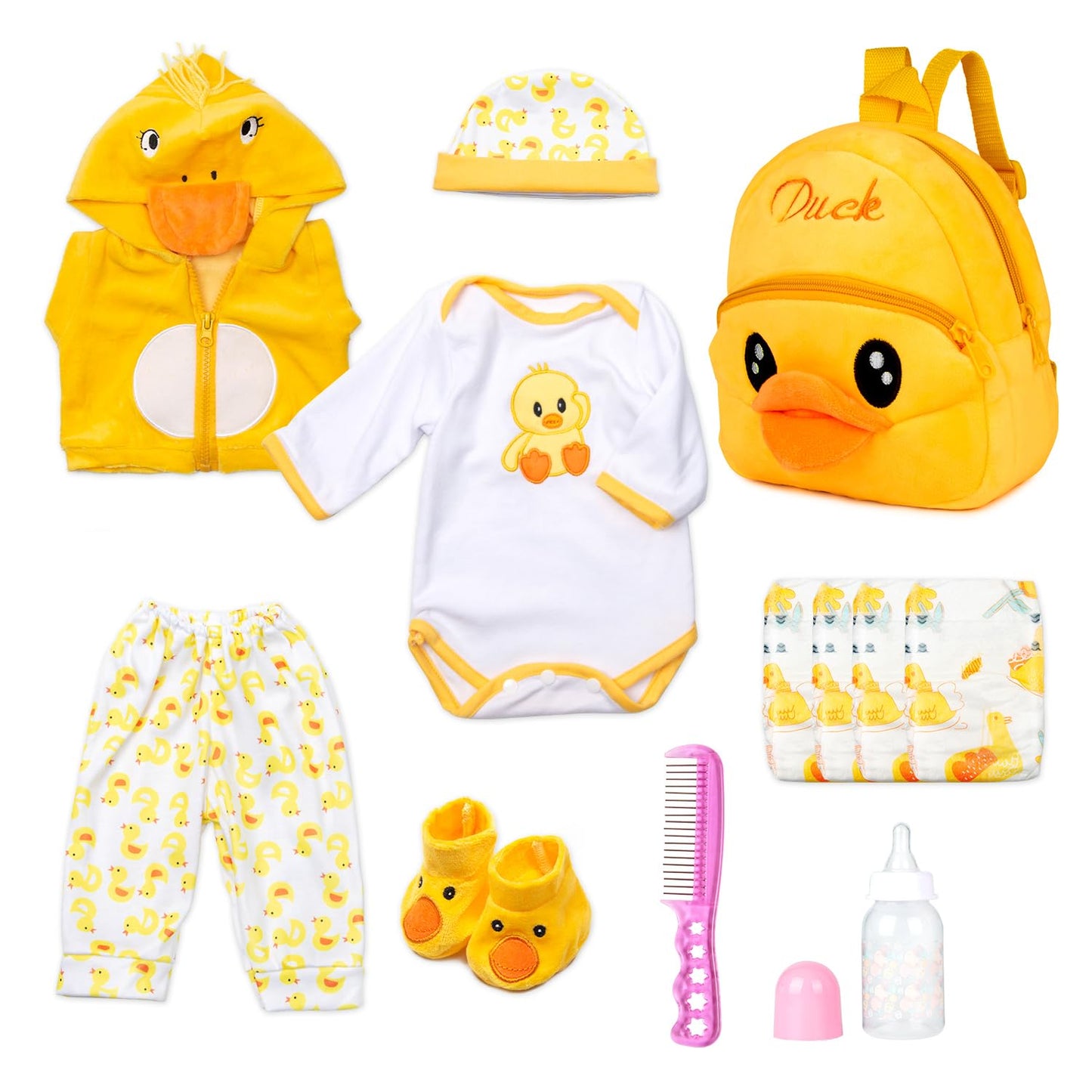 Pedolltree 12-Piece Reborn Doll Clothes Set with Yellow Duck Backpack for 17-22 Inch Dolls