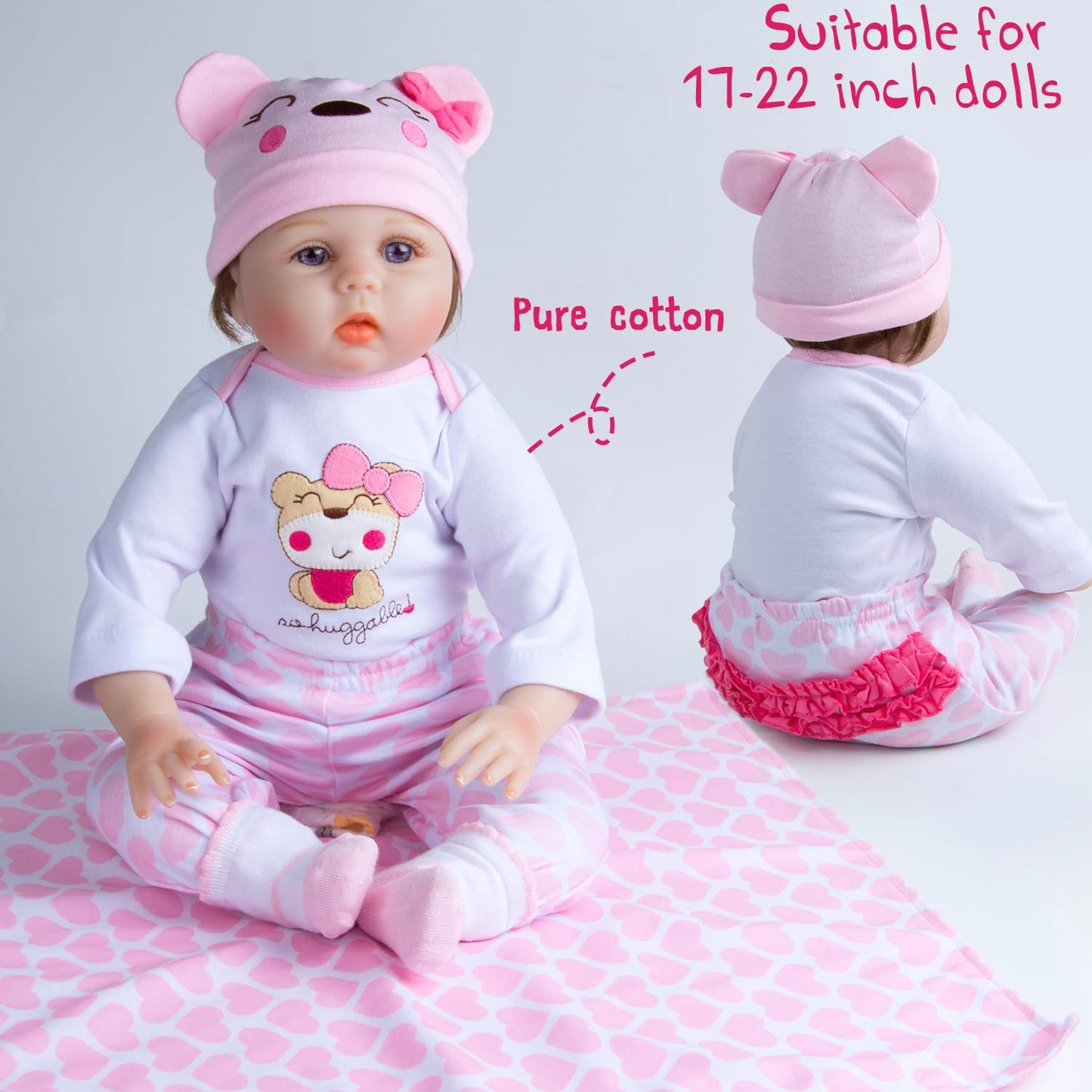 Pedolltree 12-Piece Pink Little Bear Doll Clothes for 17–22 Inch Reborn Dolls with Bassinet