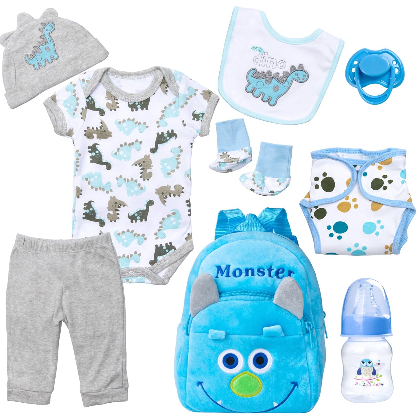Pedolltree 9-Pcs Blue Dinosaur Set for 17-22 Inch Reborn Dolls – Backpack & Accessories