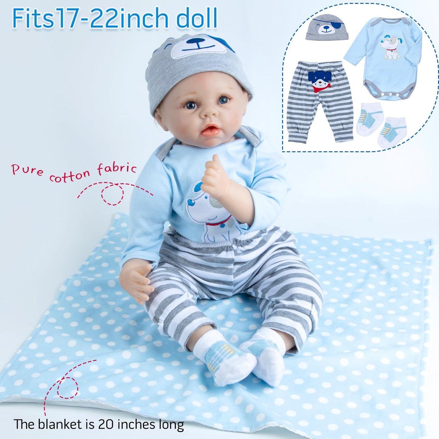 Pedolltree Reborn Baby Doll Clothes Boy Blue Dog Outfit 13-Piece Set for 17-22 Inch Dolls