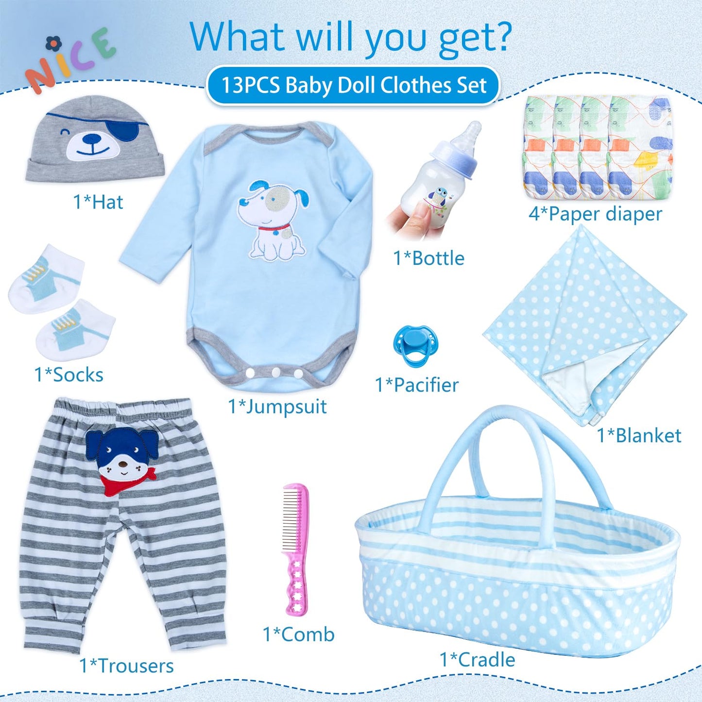 Pedolltree Reborn Baby Doll Clothes Boy Blue Dog Outfit 13-Piece Set for 17-22 Inch Dolls