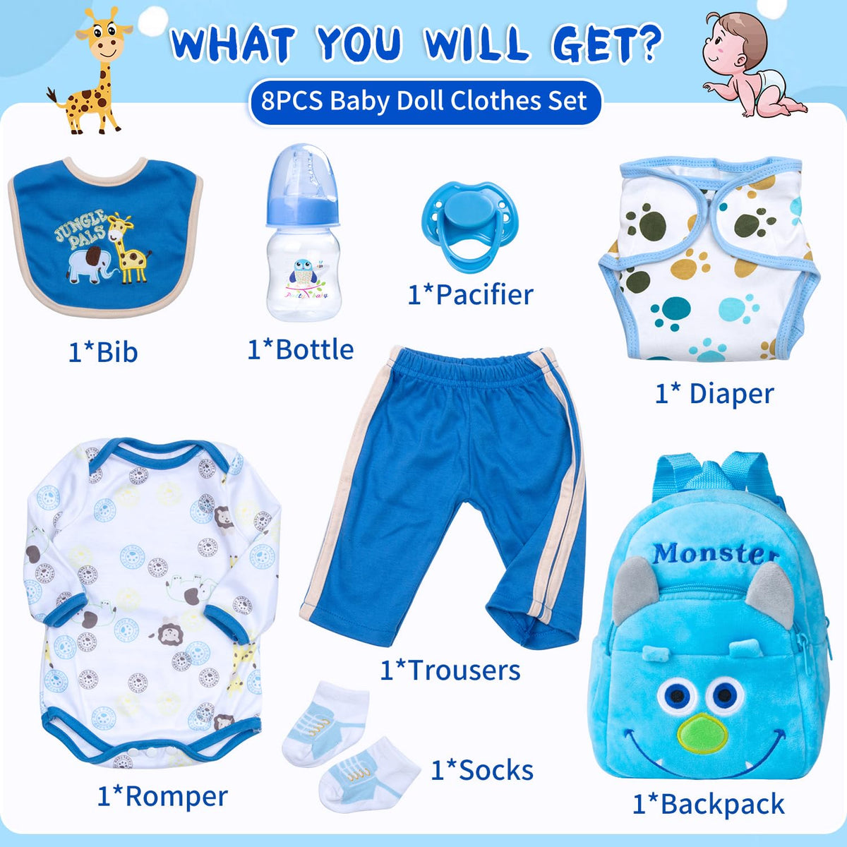 Pedolltree 8-Piece Reborn Doll Outfit with Blue Monster Backpack for 18-22in Dolls