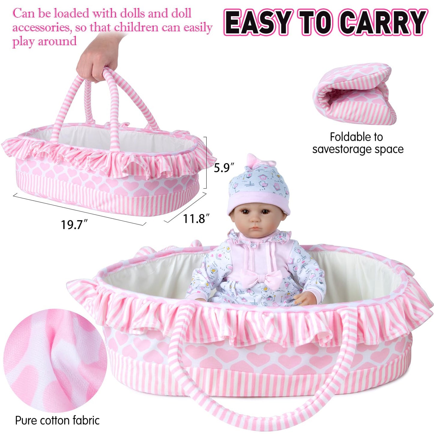 Pedolltree 11-Piece Pink Chick Doll Clothes for 16-18in Reborn Dolls with Pink Heart Bassinet