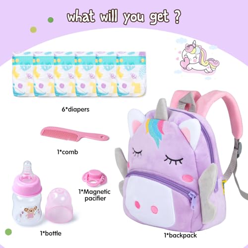 Pedolltree 10-Piece Reborn Doll Diaper Bag Care & Feeding Set with Unicorn Backpack (17-24 in)