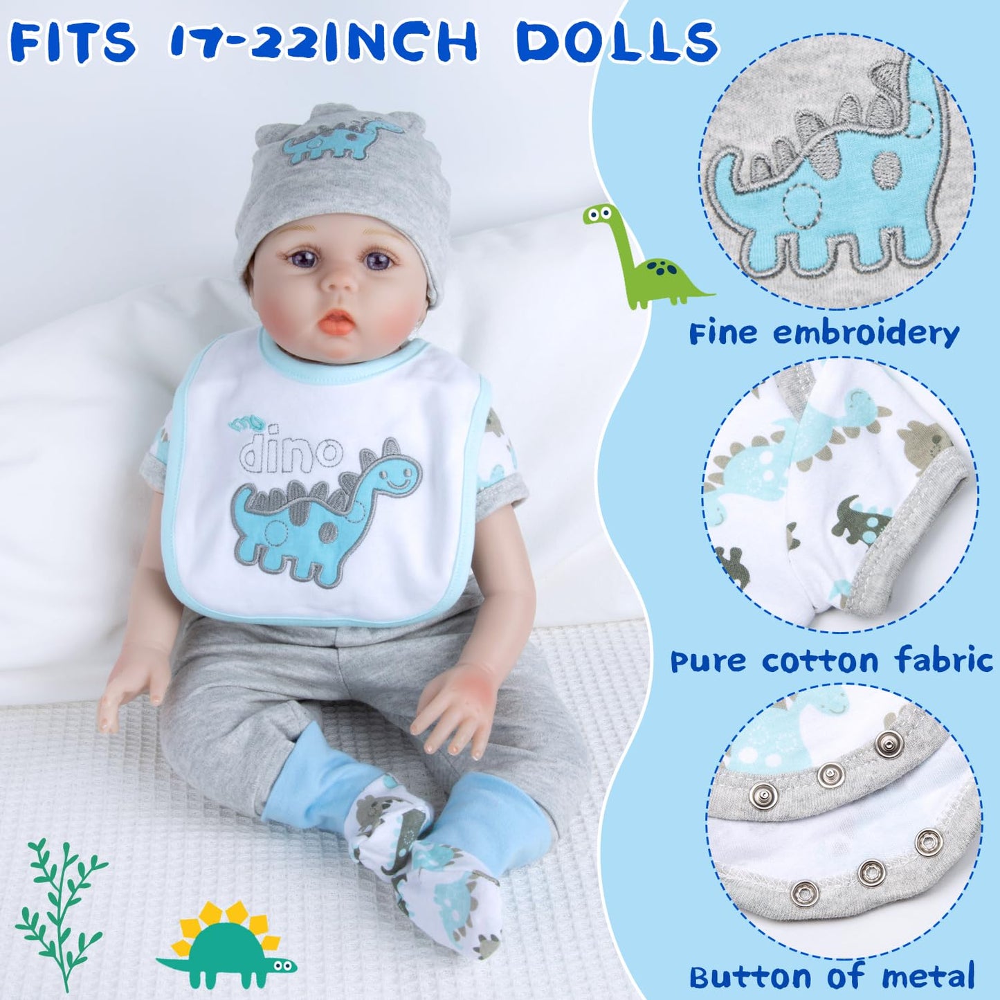 Pedolltree 9-Pcs Blue Dinosaur Set for 17-22 Inch Reborn Dolls – Backpack & Accessories