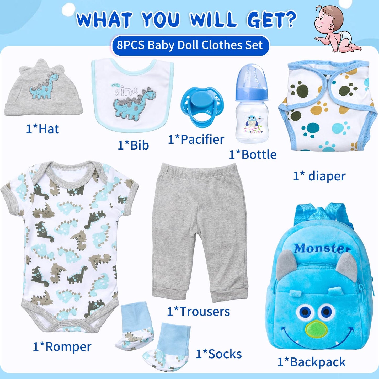 Pedolltree 9-Pcs Blue Dinosaur Set for 17-22 Inch Reborn Dolls – Backpack & Accessories