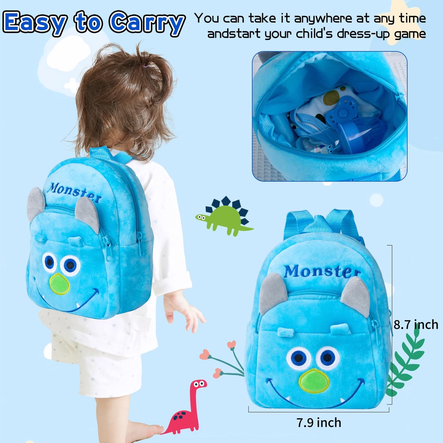 Pedolltree 9-Pcs Blue Dinosaur Set for 17-22 Inch Reborn Dolls – Backpack & Accessories
