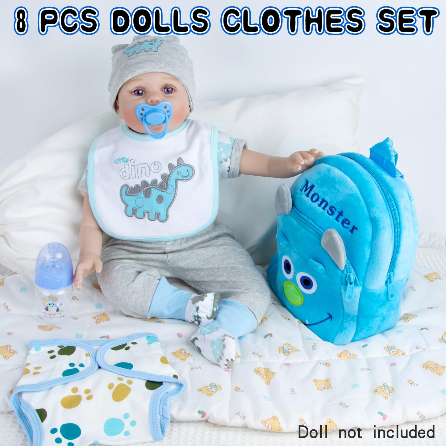 Pedolltree 9-Pcs Blue Dinosaur Set for 17-22 Inch Reborn Dolls – Backpack & Accessories