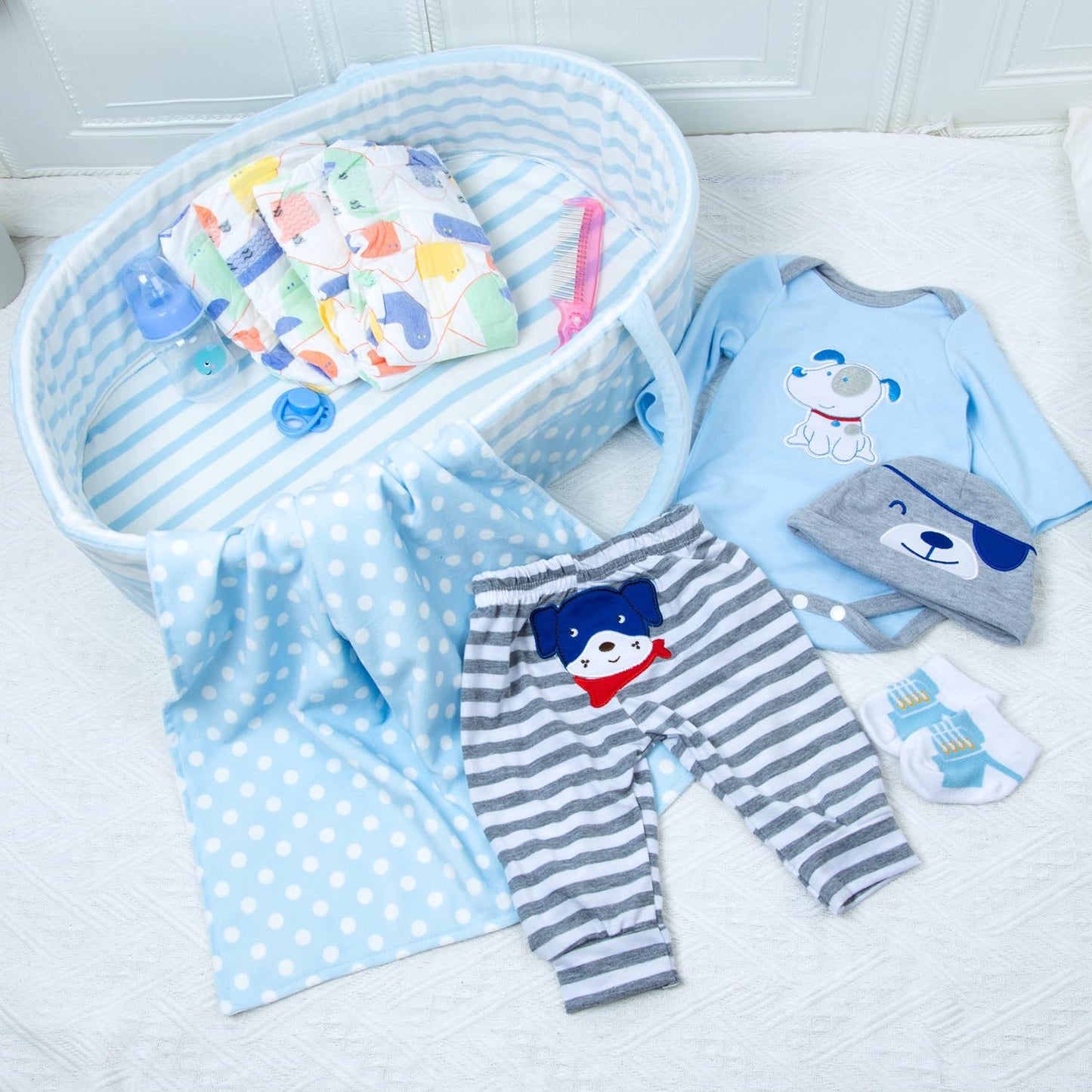Pedolltree Reborn Baby Doll Clothes Boy Blue Dog Outfit 13-Piece Set for 17-22 Inch Dolls