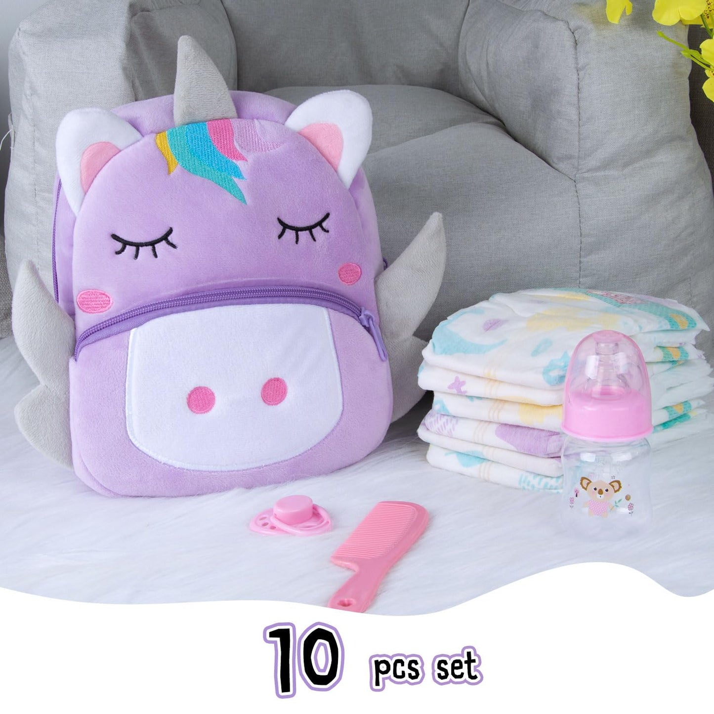 Pedolltree 10-Piece Reborn Doll Diaper Bag Care & Feeding Set with Unicorn Backpack (17-24 in)