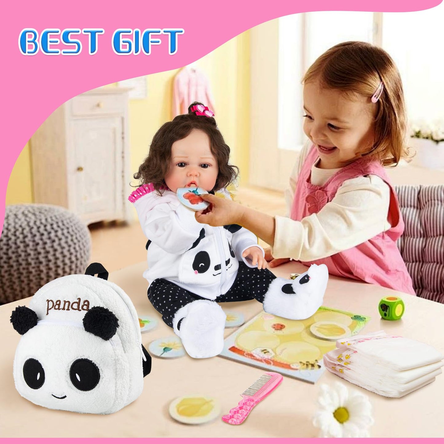 Pedolltree Reborn Doll Clothes Panda 11-Piece Set for 17-19 Inch Dolls with Backpack & Diaper