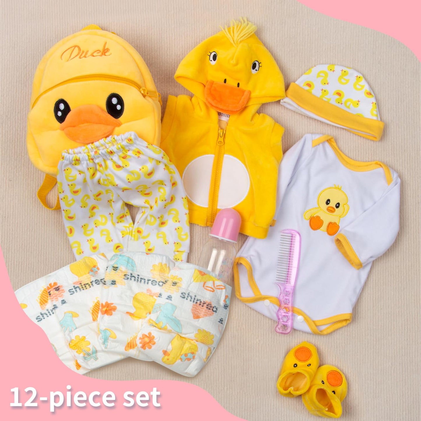 Pedolltree 12-Piece Reborn Doll Clothes Set with Yellow Duck Backpack for 17-22 Inch Dolls