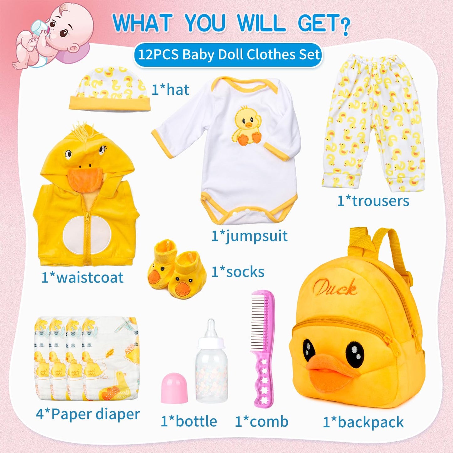 Pedolltree 12-Piece Reborn Doll Clothes Set with Yellow Duck Backpack for 17-22 Inch Dolls