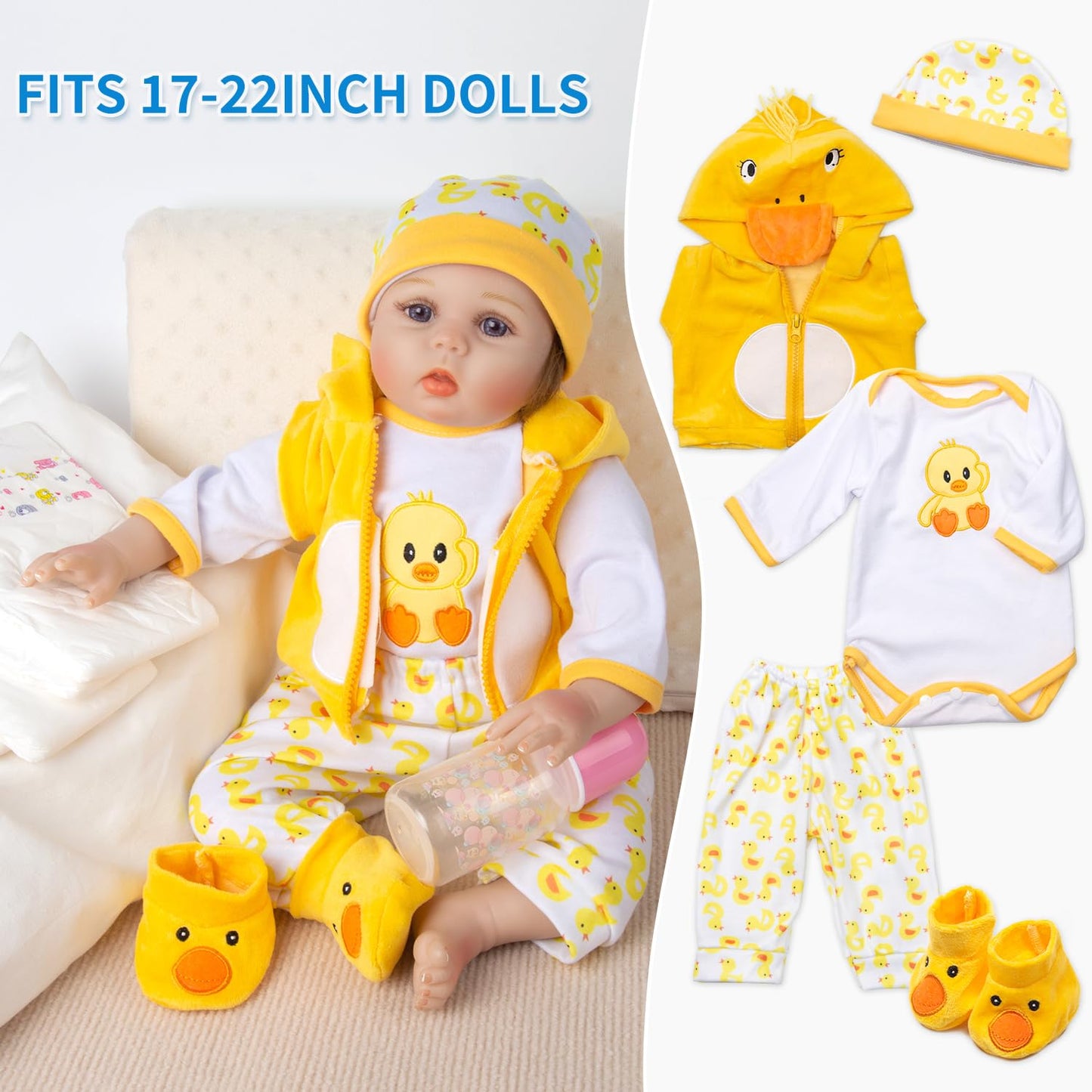 Pedolltree 12-Piece Reborn Doll Clothes Set with Yellow Duck Backpack for 17-22 Inch Dolls