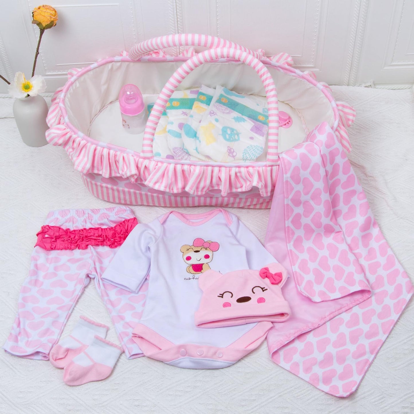 Pedolltree 12-Piece Pink Little Bear Doll Clothes for 17–22 Inch Reborn Dolls with Bassinet