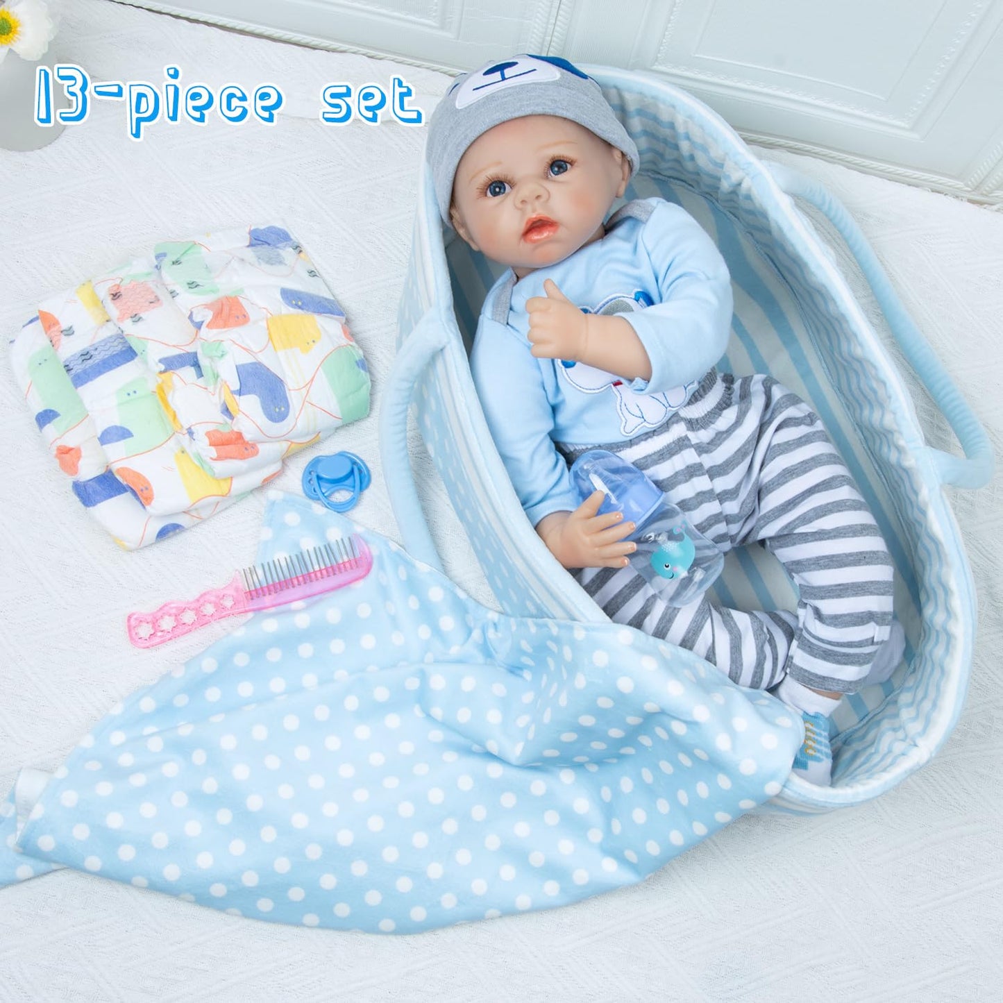 Pedolltree Reborn Baby Doll Clothes Boy Blue Dog Outfit 13-Piece Set for 17-22 Inch Dolls