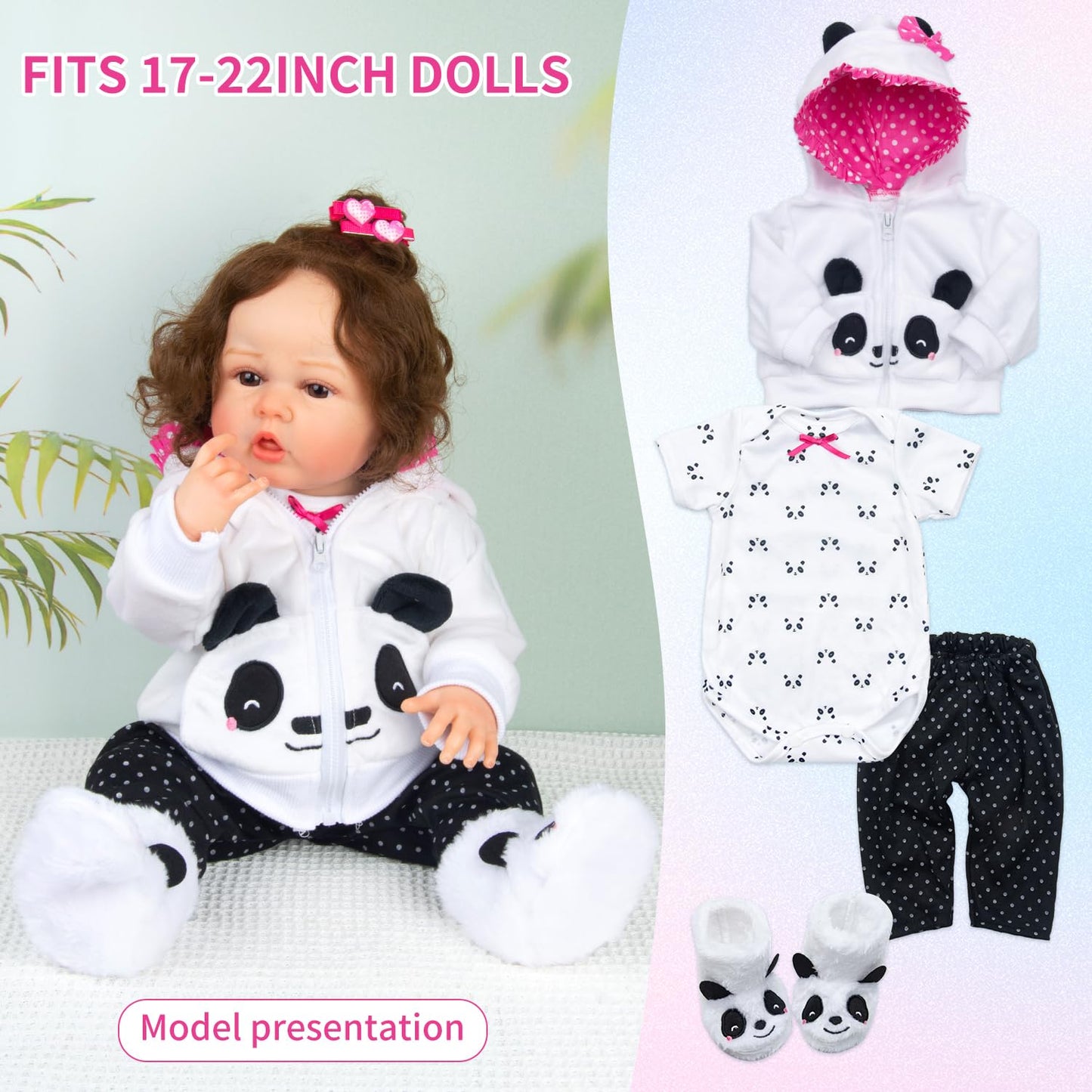Pedolltree Reborn Doll Clothes Panda 11-Piece Set for 17-19 Inch Dolls with Backpack & Diaper