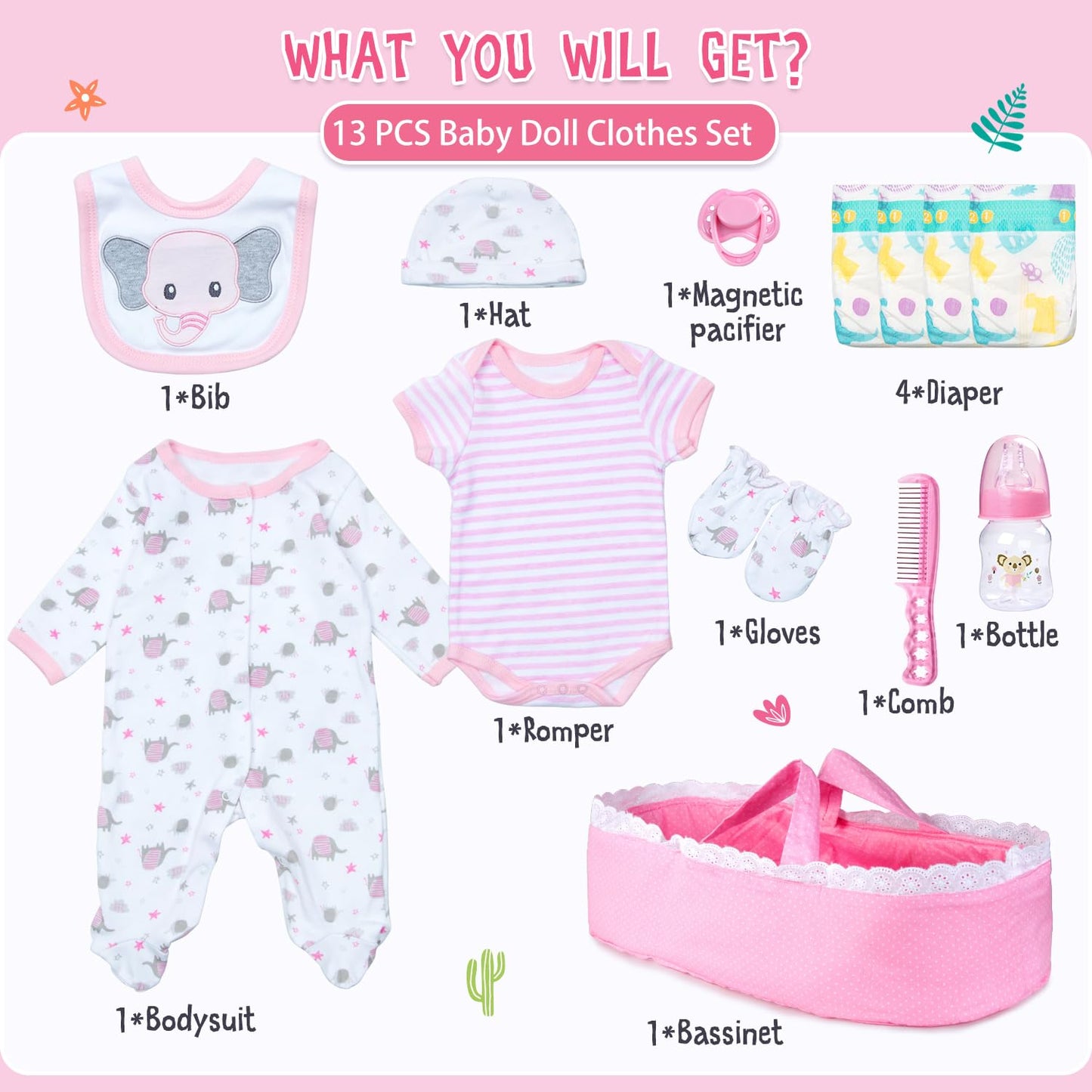 Pedolltree 13-Piece Pink Elephant Reborn Doll Clothes Set for 17–22 Inch Dolls