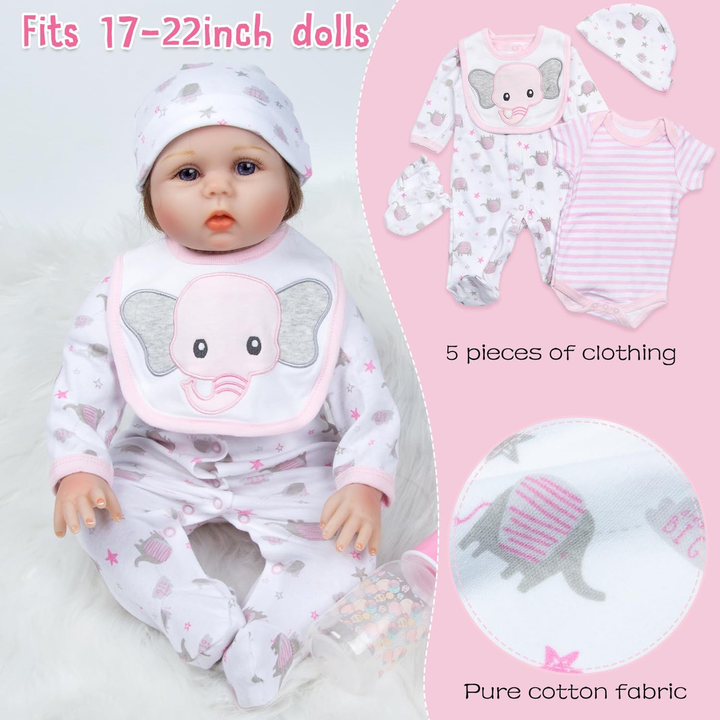 Pedolltree 13-Piece Pink Elephant Reborn Doll Clothes Set for 17–22 Inch Dolls
