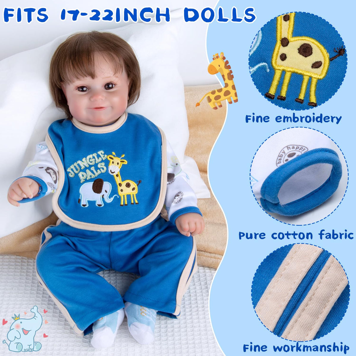 Pedolltree 8-Piece Reborn Doll Outfit with Blue Monster Backpack for 18-22in Dolls