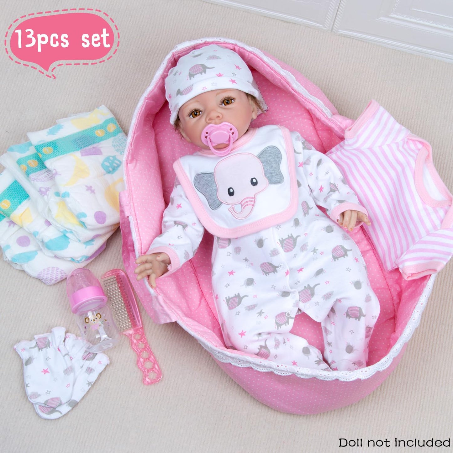 Pedolltree 13-Piece Pink Elephant Reborn Doll Clothes Set for 17–22 Inch Dolls
