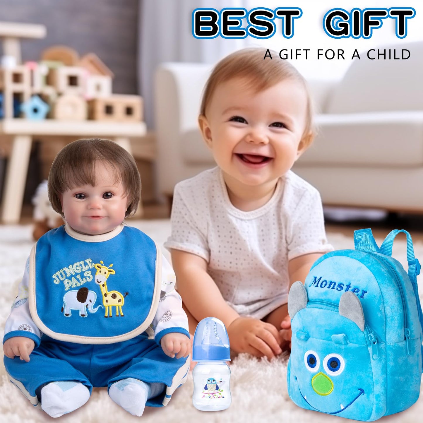 Pedolltree 8-Piece Reborn Doll Outfit with Blue Monster Backpack for 18-22in Dolls