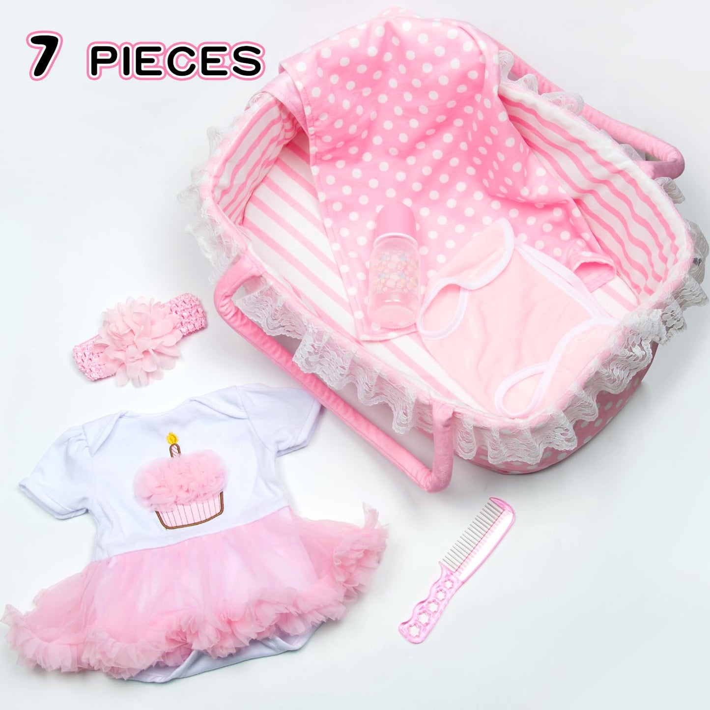 PEDOLLTREE 7-Piece Pink Tutu Outfit Set for 17-22 Inch Reborn Dolls – Bassinet & Accessories