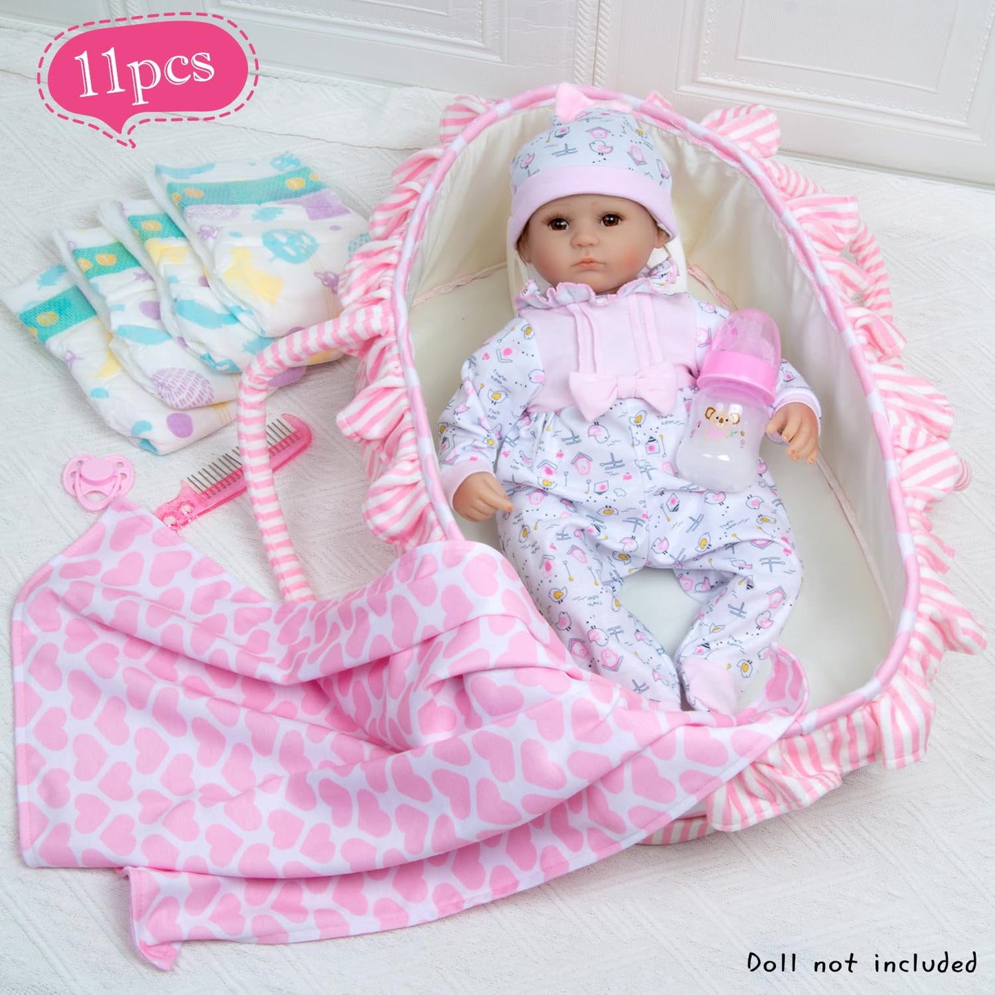 Pedolltree 11-Piece Pink Chick Doll Clothes for 16-18in Reborn Dolls with Pink Heart Bassinet