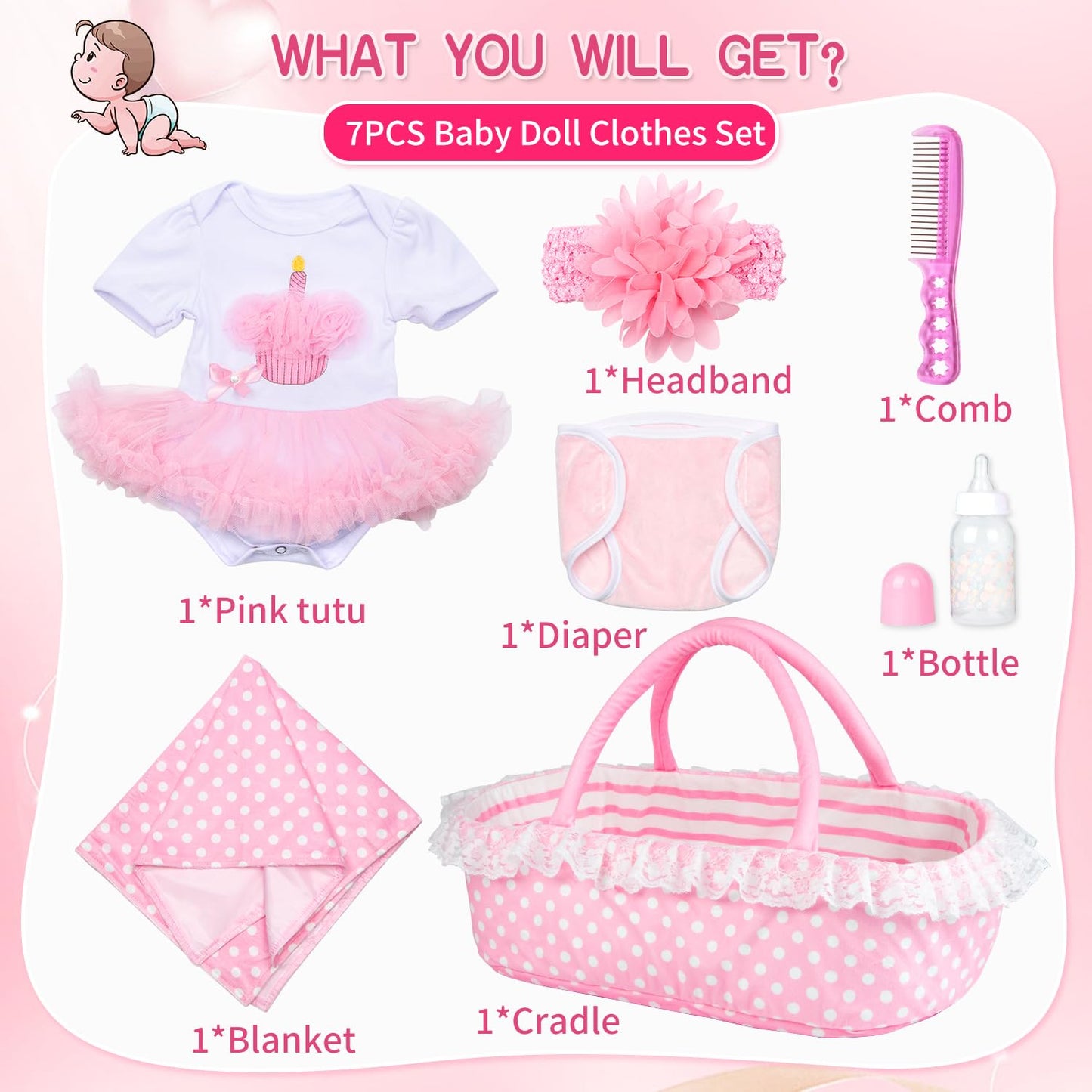 PEDOLLTREE 7-Piece Pink Tutu Outfit Set for 17-22 Inch Reborn Dolls – Bassinet & Accessories