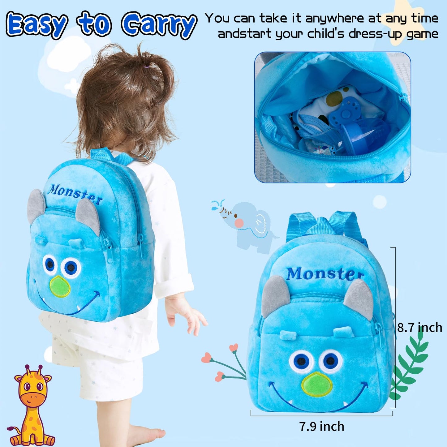 Pedolltree 8-Piece Reborn Doll Outfit with Blue Monster Backpack for 18-22in Dolls
