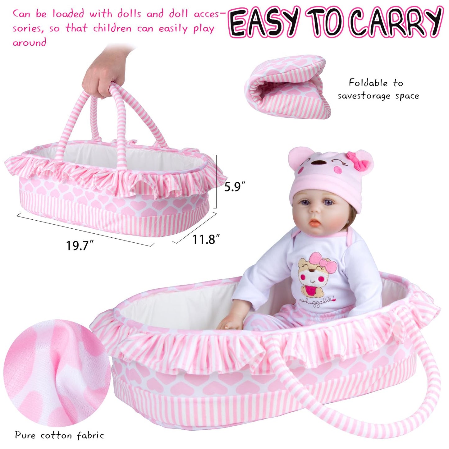 Pedolltree 12-Piece Pink Little Bear Doll Clothes for 17–22 Inch Reborn Dolls with Bassinet