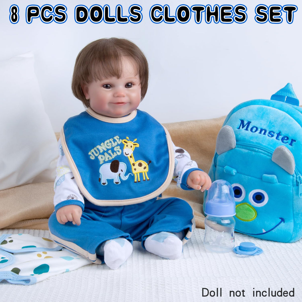 Pedolltree 8-Piece Reborn Doll Outfit with Blue Monster Backpack for 18-22in Dolls