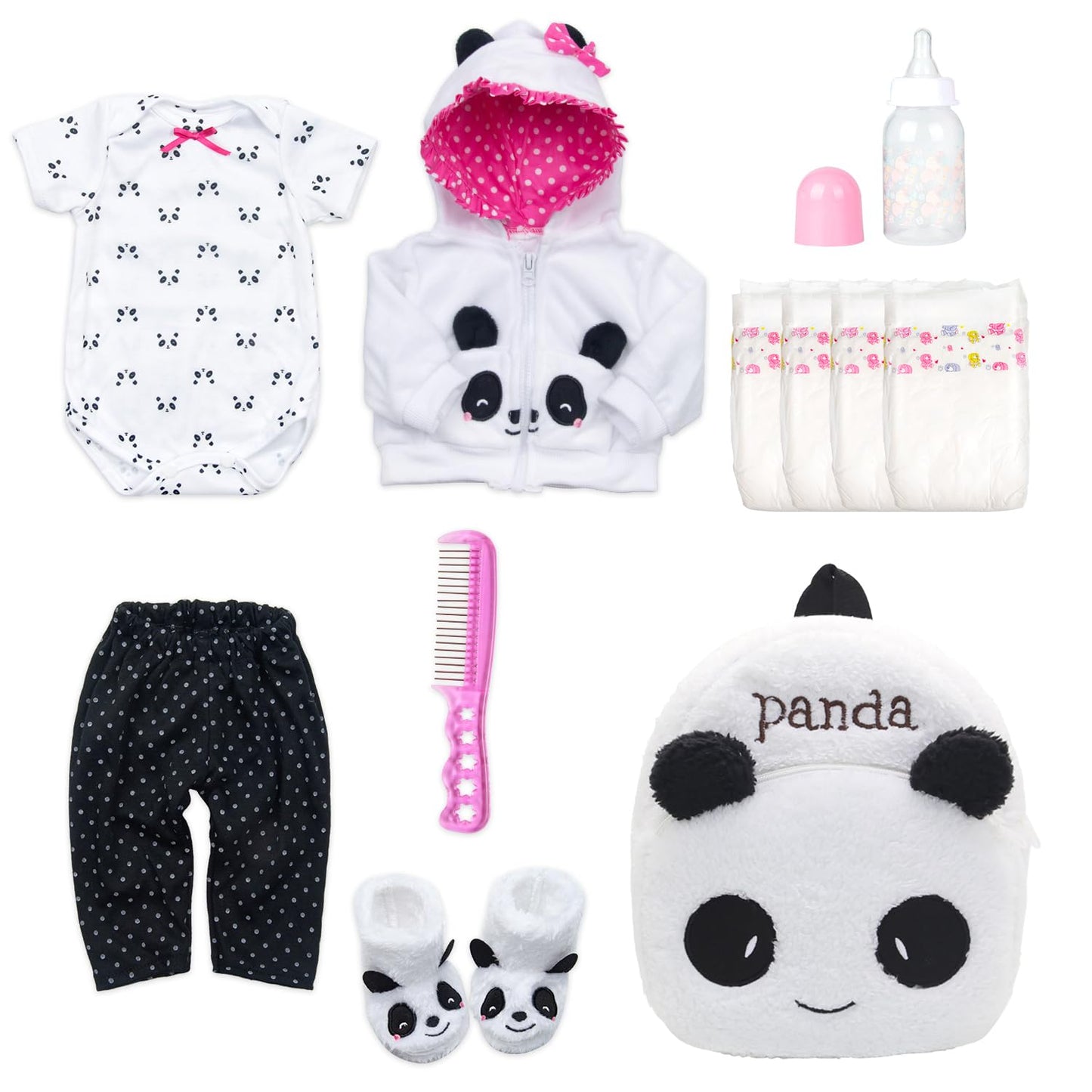 Pedolltree Reborn Doll Clothes Panda 11-Piece Set for 17-19 Inch Dolls with Backpack & Diaper