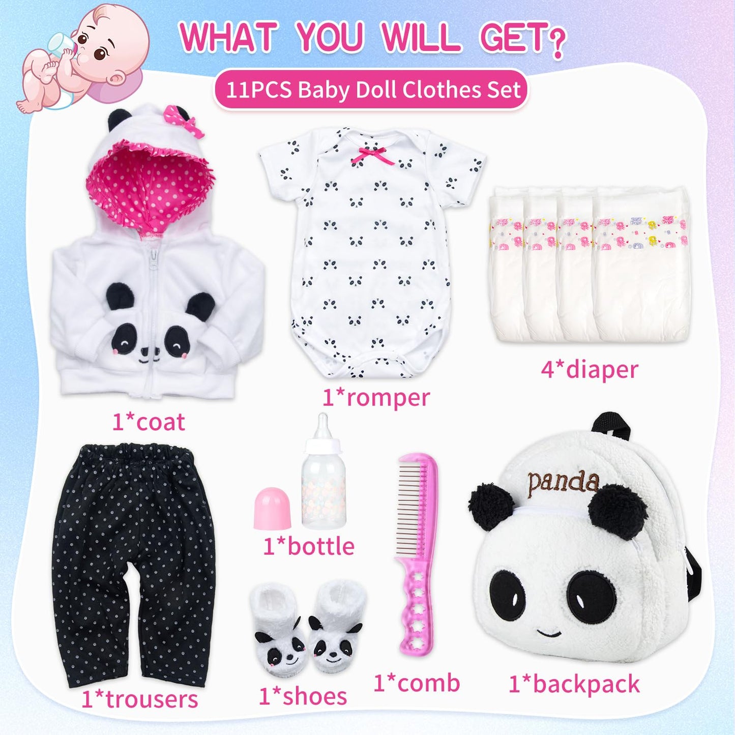Pedolltree Reborn Doll Clothes Panda 11-Piece Set for 17-19 Inch Dolls with Backpack & Diaper