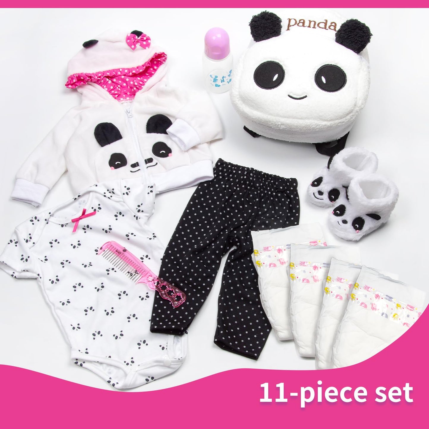 Pedolltree Reborn Doll Clothes Panda 11-Piece Set for 17-19 Inch Dolls with Backpack & Diaper