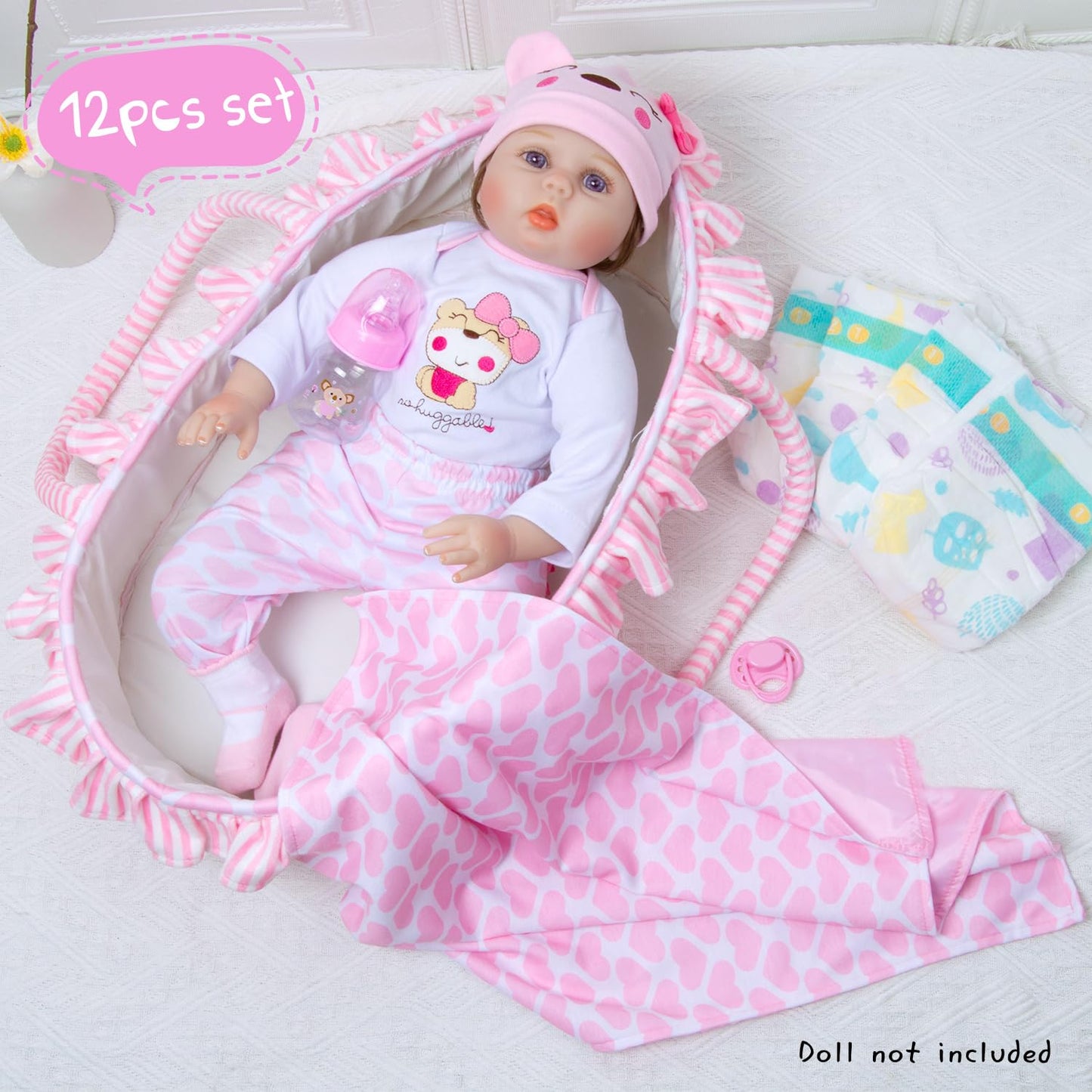 Pedolltree 12-Piece Pink Little Bear Doll Clothes for 17–22 Inch Reborn Dolls with Bassinet