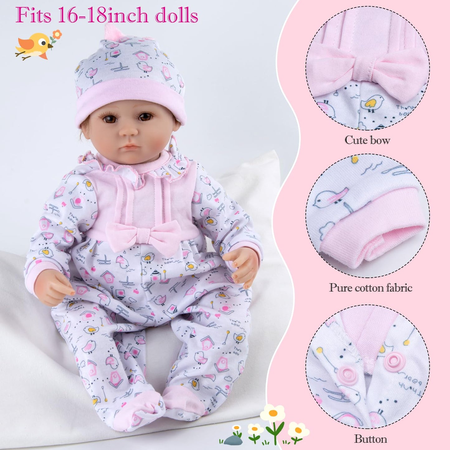 Pedolltree 11-Piece Pink Chick Doll Clothes for 16-18in Reborn Dolls with Pink Heart Bassinet