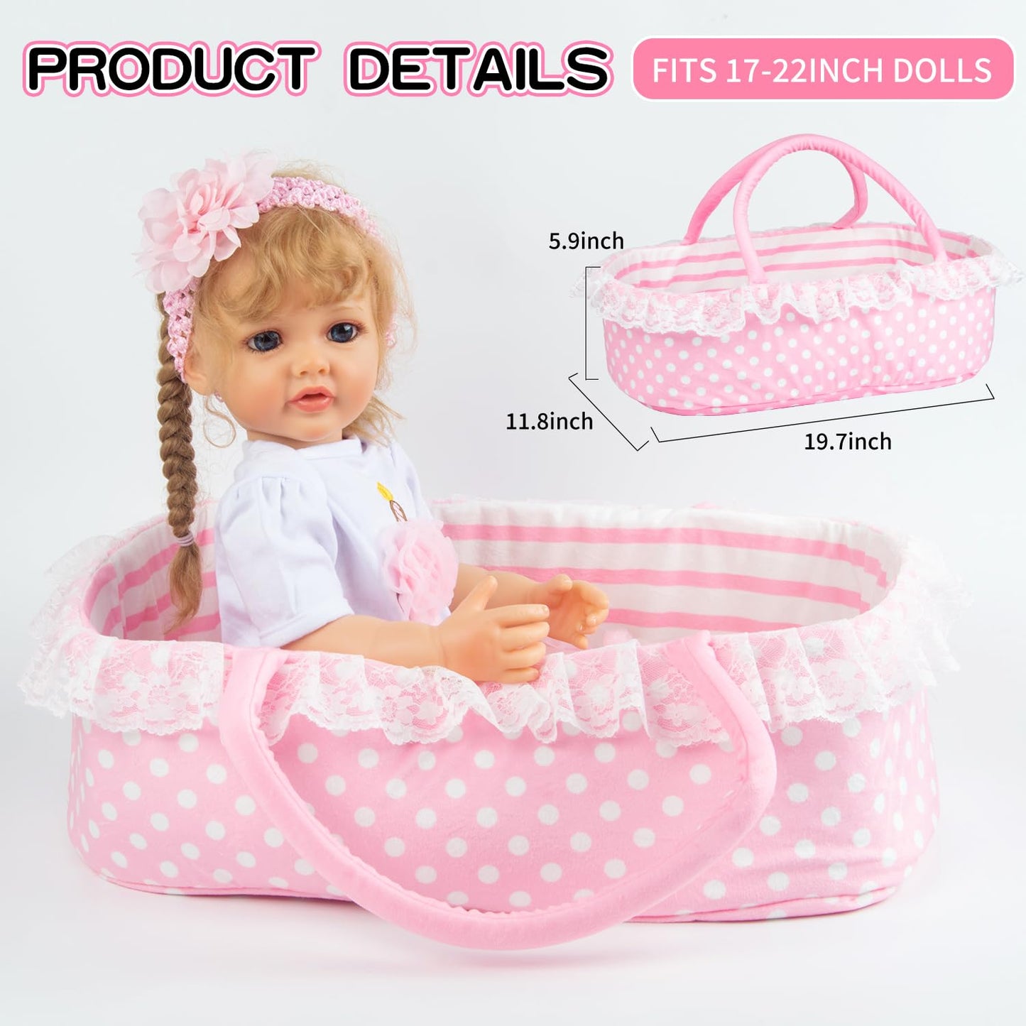 PEDOLLTREE 7-Piece Pink Tutu Outfit Set for 17-22 Inch Reborn Dolls – Bassinet & Accessories