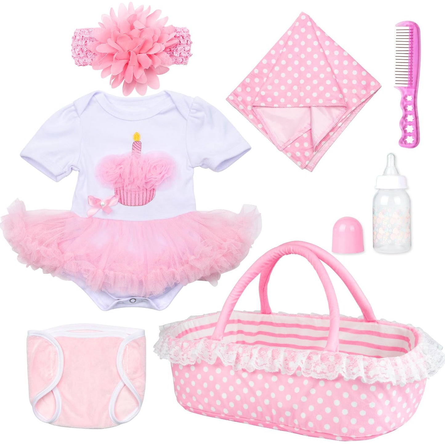 PEDOLLTREE 7-Piece Pink Tutu Outfit Set for 17-22 Inch Reborn Dolls – Bassinet & Accessories