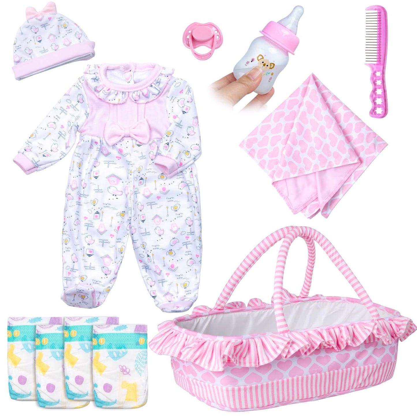 Pedolltree 11-Piece Pink Chick Doll Clothes for 16-18in Reborn Dolls with Pink Heart Bassinet