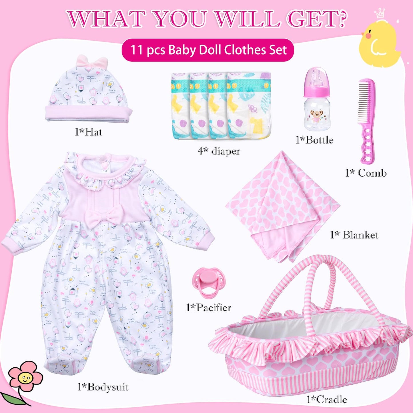 Pedolltree 11-Piece Pink Chick Doll Clothes for 16-18in Reborn Dolls with Pink Heart Bassinet